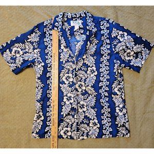 KY's Hawaiian Shirt SS Blue Sz L USA  Island Floral Blue Wht Hibiscus